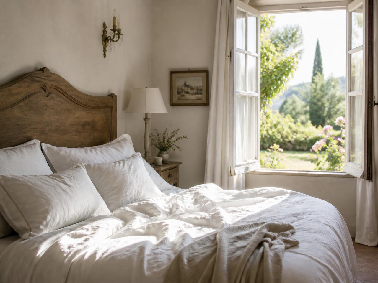 Chambre lumineuse avec linge blanc et fenêtre ouverte sur le jardin