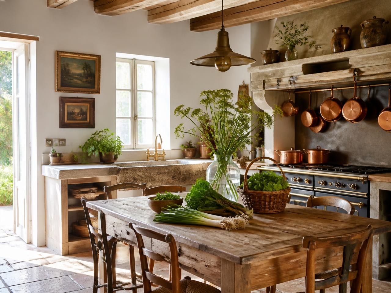 Cuisine de campagne avec grande table en bois et casseroles en cuivre