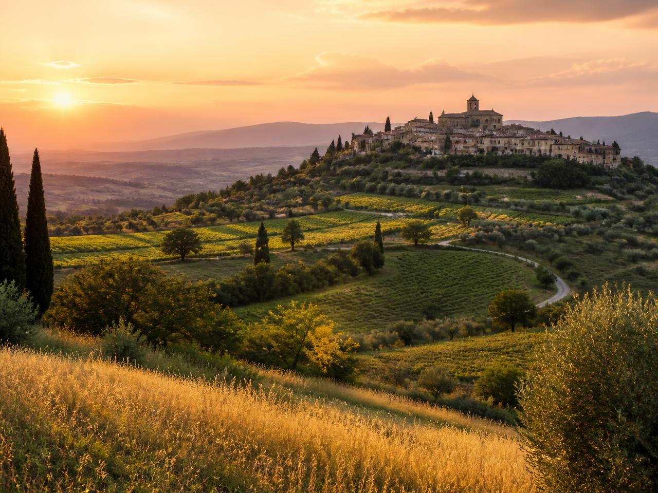 Paysage de campagne vallonnée avec village perché au coucher du soleil