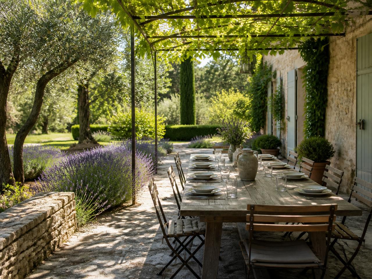 Longue table en bois dressée sous une pergola dans un jardin