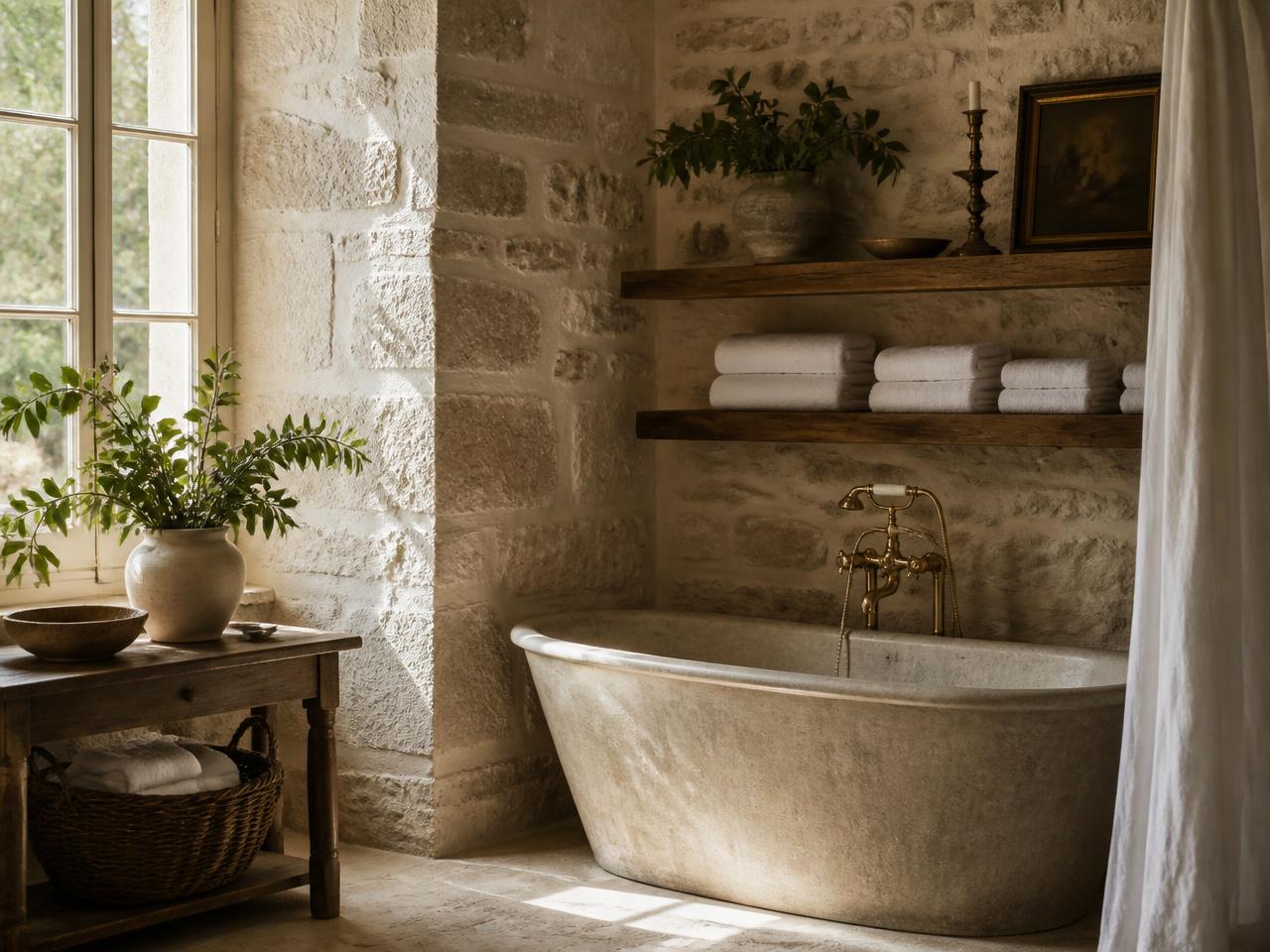 Salle de bain en pierre avec baignoire îlot et robinetterie laiton